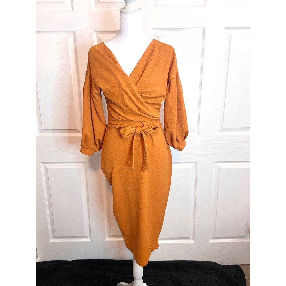 Boohoo Night Mustard Orange Wrap Balloon Sleeve Midi Dress Womens Size 6